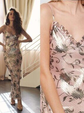 NWT Bcbgmaxazria RUFFLE TRIM SHIMMER GOWN DRESS BARE PINK DAHLIA SIZE M